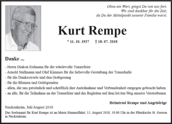 Traueranzeige von Kurt Rempe von vrm-trauer