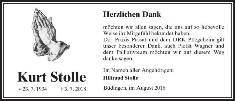  Traueranzeige für Kurt Stolle vom 04.08.2018 aus  Kreisanzeiger