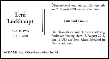 Traueranzeige von Leni Luckhaupt von vrm-trauer