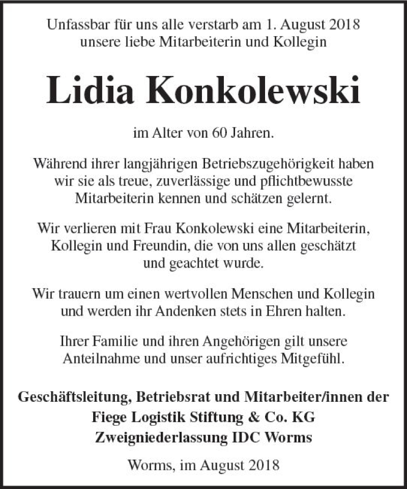  Traueranzeige für Lidia Konkolewski vom 23.08.2018 aus vrm-trauer
