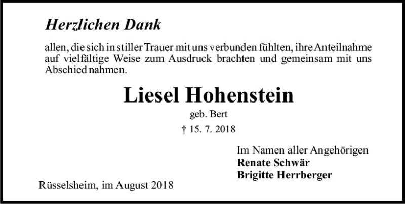  Traueranzeige für Liesel Hohenstein vom 04.08.2018 aus vrm-trauer