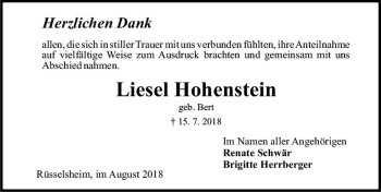 Traueranzeige von Liesel Hohenstein von vrm-trauer