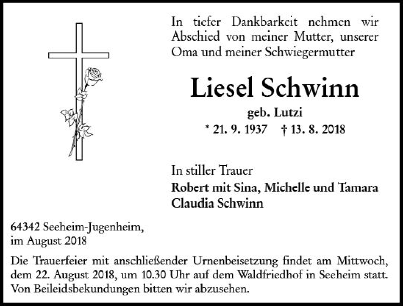  Traueranzeige für Liesel Schwinn vom 18.08.2018 aus vrm-trauer