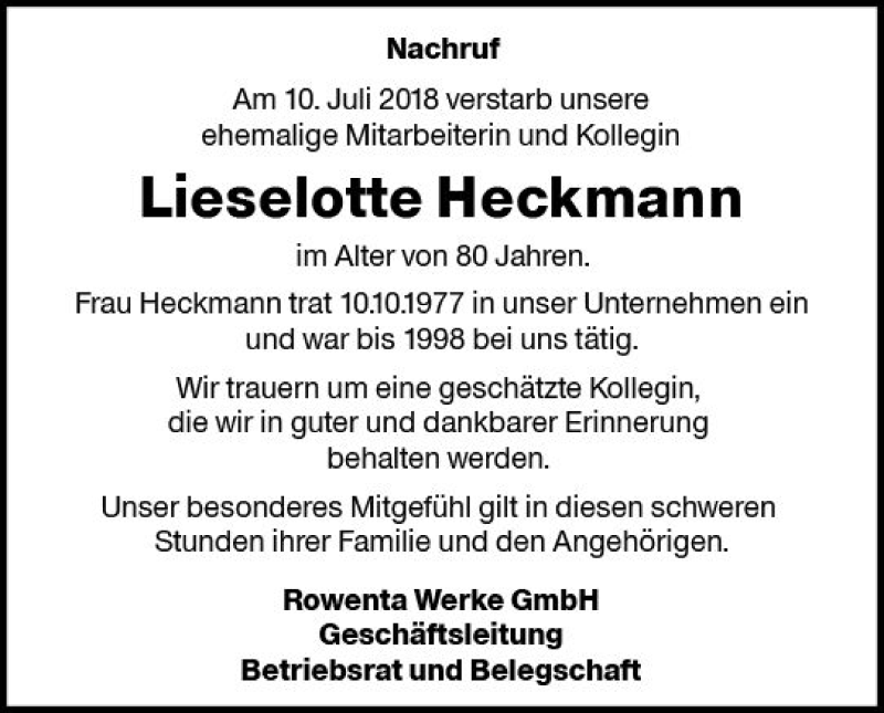  Traueranzeige für Lieselotte Heckmann vom 22.08.2018 aus vrm-trauer