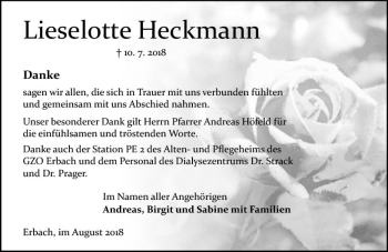 Traueranzeige von Lieselotte Heckmann von vrm-trauer