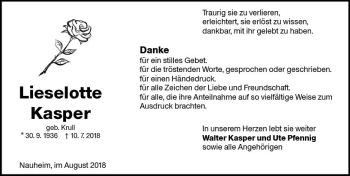 Traueranzeige von Lieselotte Kasper von vrm-trauer