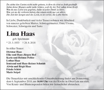 Traueranzeige von Lina Haas von  Kreisanzeiger