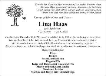 Traueranzeige von Lina Haas von  Kreisanzeiger