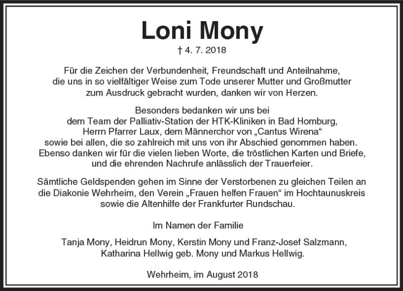  Traueranzeige für Loni Mony vom 04.08.2018 aus  Usinger Anzeiger