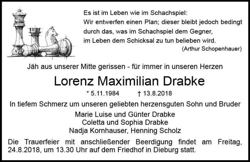  Traueranzeige für Lorenz Maximilian Drabke vom 18.08.2018 aus vrm-trauer