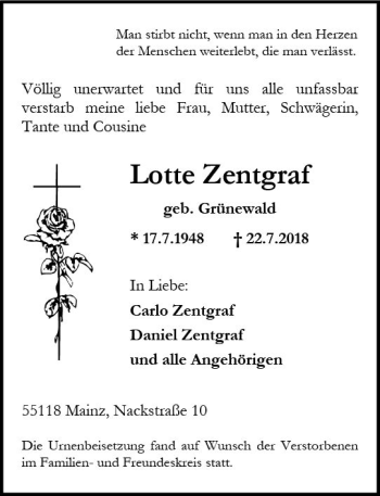 Traueranzeige von Lotte Zentgraf von vrm-trauer