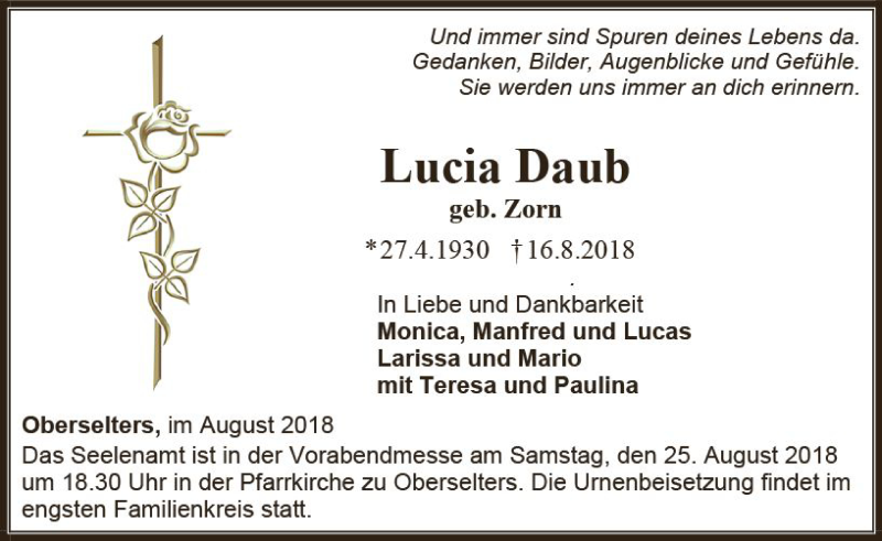  Traueranzeige für Lucia Daub vom 23.08.2018 aus  Camberger Anzeiger