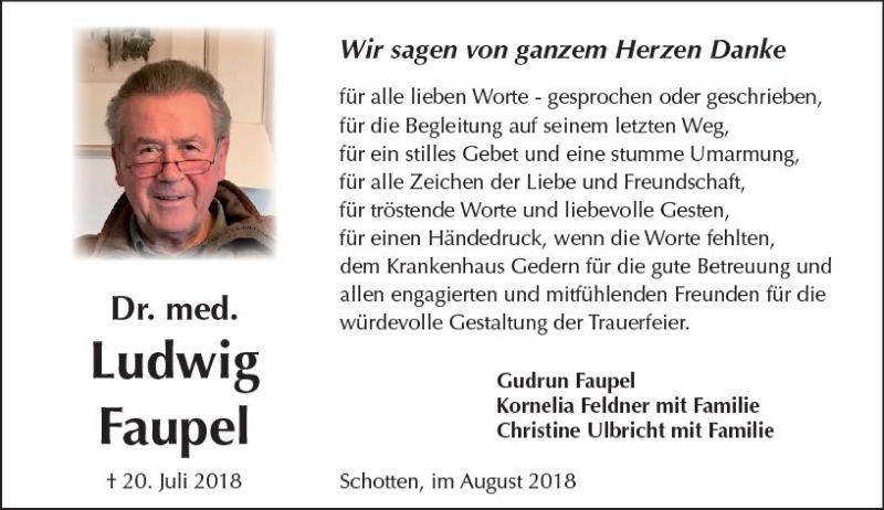  Traueranzeige für Ludwig Faupel vom 18.08.2018 aus  Kreisanzeiger