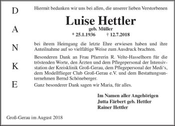 Traueranzeige von Luise Hettler von vrm-trauer