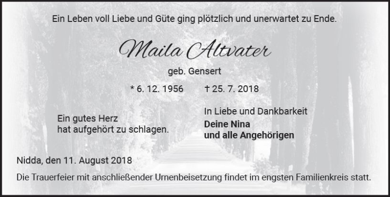  Traueranzeige für Maila Altvater vom 11.08.2018 aus  Kreisanzeiger