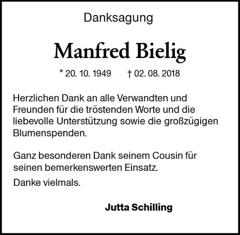  Traueranzeige für Manfred Bielig vom 18.08.2018 aus vrm-trauer