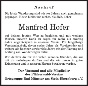 Traueranzeige von Manfred Hofer von vrm-trauer