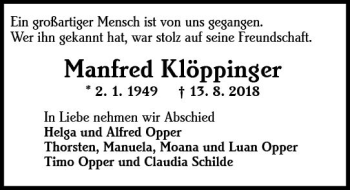 Traueranzeige von Manfred Klöppinger von vrm-trauer