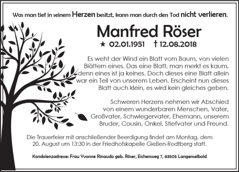  Traueranzeige für Manfred Röser vom 16.08.2018 aus  Gießener Anzeiger