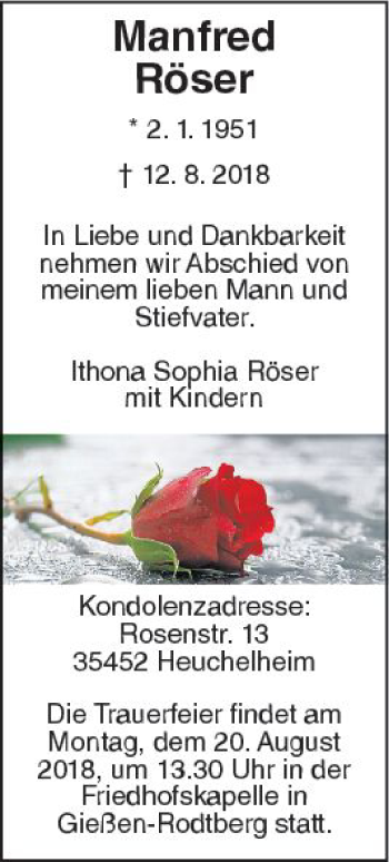 Traueranzeige von Manfred Röser von  Gießener Anzeiger