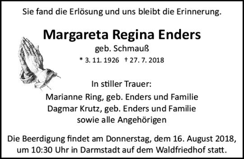  Traueranzeige für Margareta Regina Enders vom 04.08.2018 aus vrm-trauer