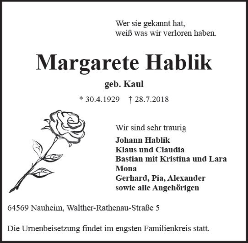  Traueranzeige für Margarete Hablik vom 18.08.2018 aus vrm-trauer