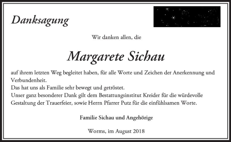  Traueranzeige für Margarete Sichau vom 25.08.2018 aus vrm-trauer