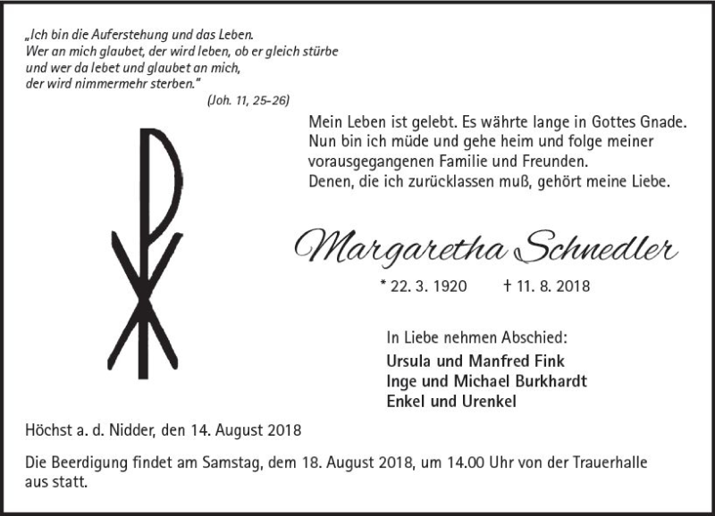  Traueranzeige für Margaretha Schnedler vom 14.08.2018 aus  Kreisanzeiger