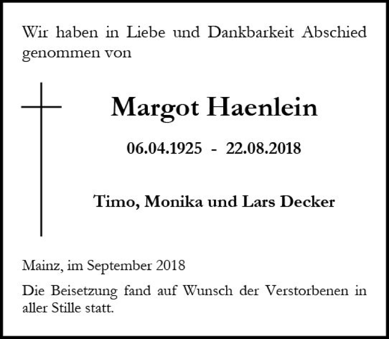  Traueranzeige für Margot Haenlein vom 01.09.2018 aus vrm-trauer