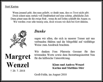 Traueranzeige von Margret Wenzel von VRM Trauer