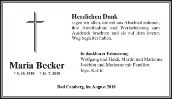 Traueranzeige von Maria Becker von  Camberger Anzeiger