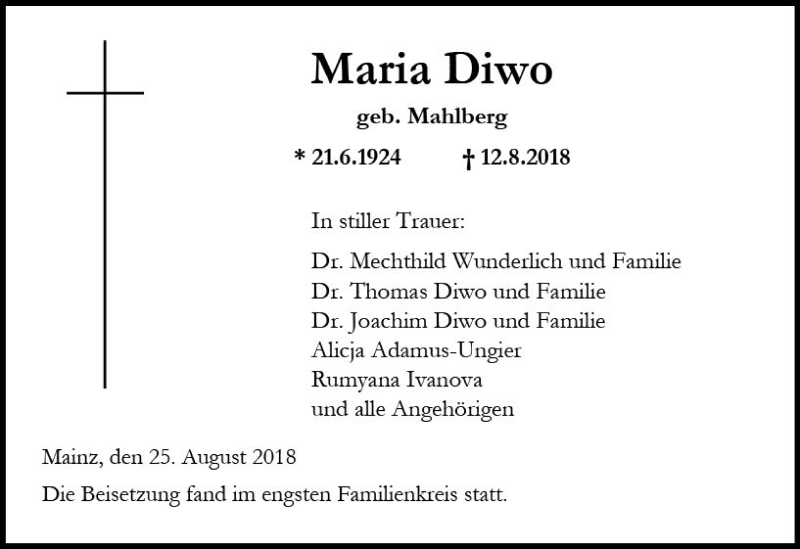 Traueranzeige für Maria Diwo vom 25.08.2018 aus vrm-trauer