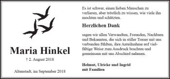 Traueranzeige von Maria Hinkel von  Kreisanzeiger