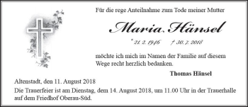 Traueranzeige von Maria Hänsel von  Kreisanzeiger