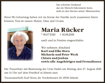 Traueranzeige von Maria Rücker von vrm-trauer