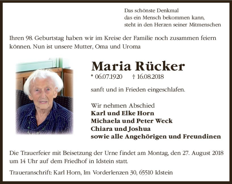  Traueranzeige für Maria Rücker vom 01.09.2018 aus vrm-trauer