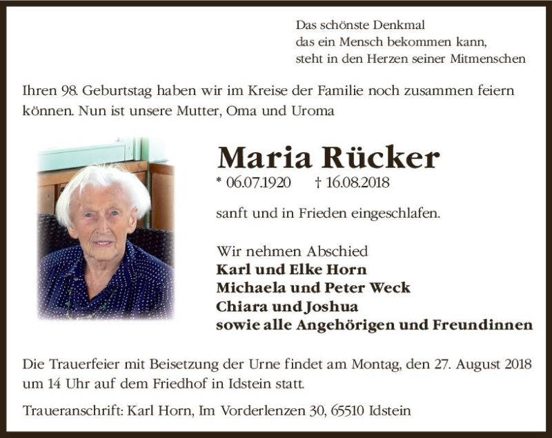  Traueranzeige für Maria Rücker vom 25.08.2018 aus vrm-trauer