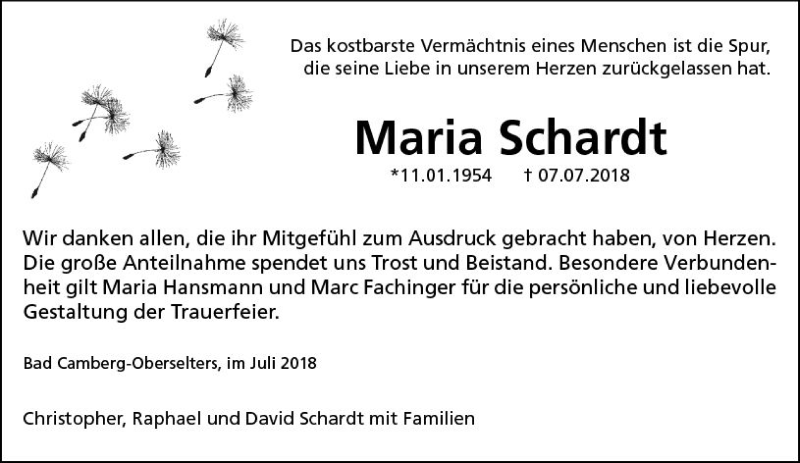  Traueranzeige für Maria Schardt vom 09.08.2018 aus  Camberger Anzeiger