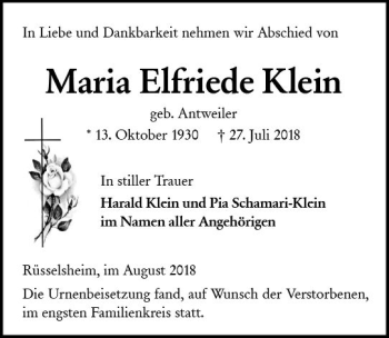 Traueranzeige von Maria Elfriede Klein von vrm-trauer
