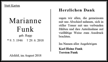 Traueranzeige von Marianne Funk von VRM Trauer