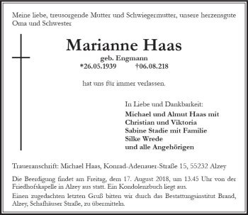 Traueranzeige von Marianne Haas von vrm-trauer