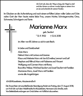 Traueranzeige von Marianne Marx von vrm-trauer