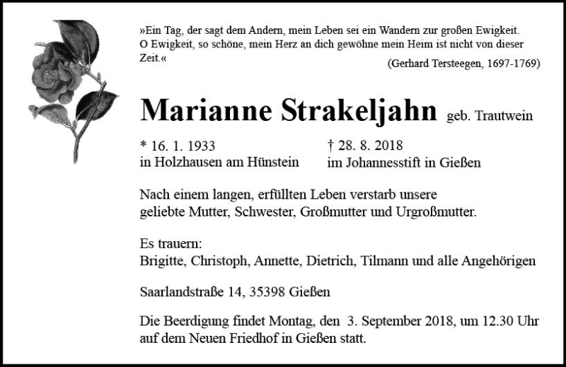  Traueranzeige für Marianne Strakeljahn vom 01.09.2018 aus  Gießener Anzeiger
