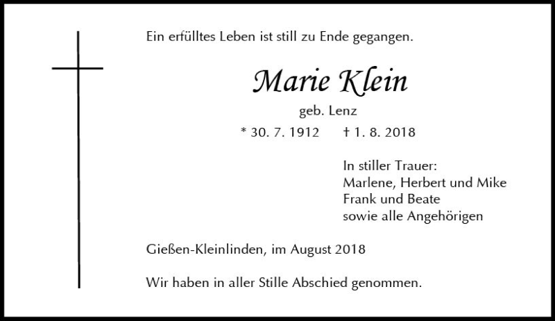  Traueranzeige für Marie Klein vom 14.08.2018 aus  Gießener Anzeiger