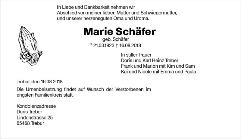  Traueranzeige für Marie Schäfer vom 22.08.2018 aus vrm-trauer