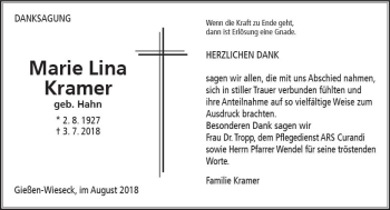 Traueranzeige von Marie Lina  Kramer von  Gießener Anzeiger