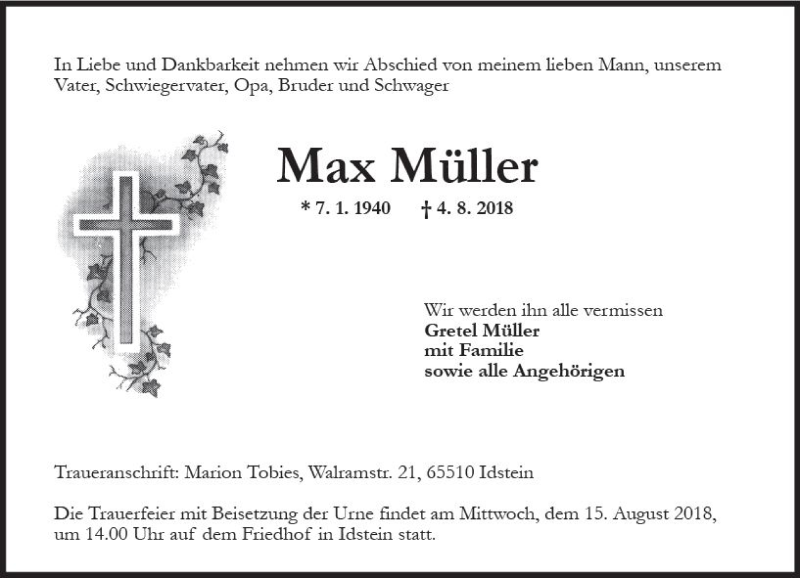  Traueranzeige für Max Müller vom 11.08.2018 aus vrm-trauer
