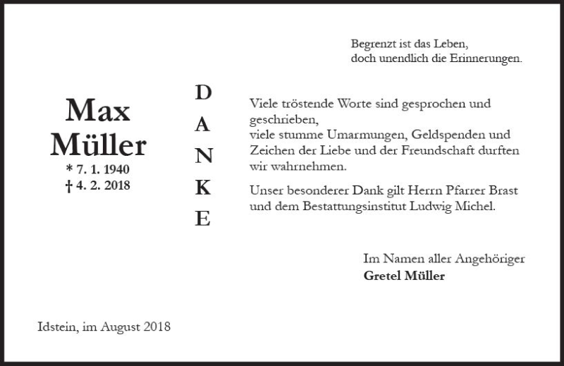  Traueranzeige für Max Müller vom 25.08.2018 aus vrm-trauer