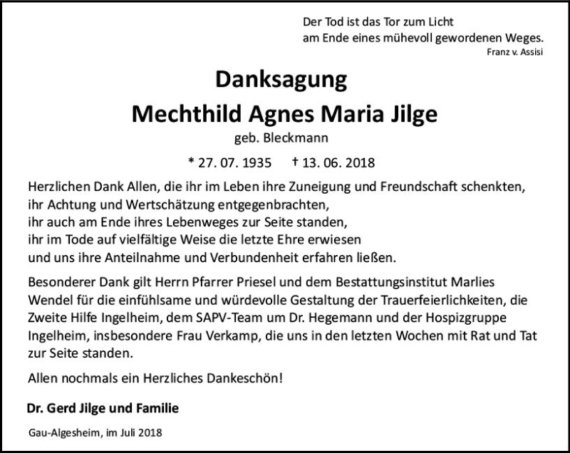  Traueranzeige für Mechthild Agnes Maria Jilge vom 04.08.2018 aus vrm-trauer