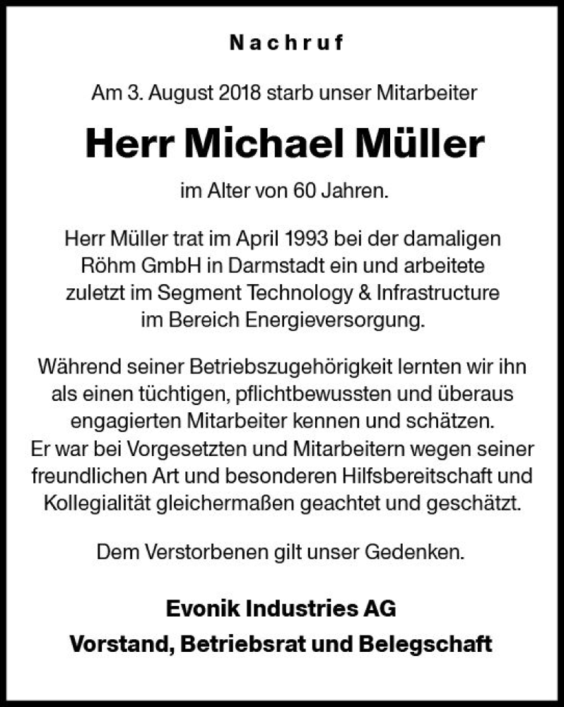  Traueranzeige für Michael Müller vom 11.08.2018 aus vrm-trauer